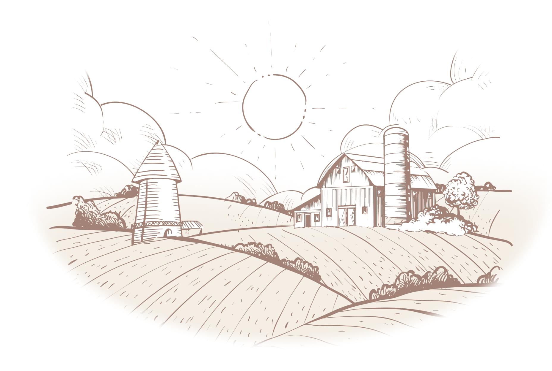 Landscape of a farm with a windmill